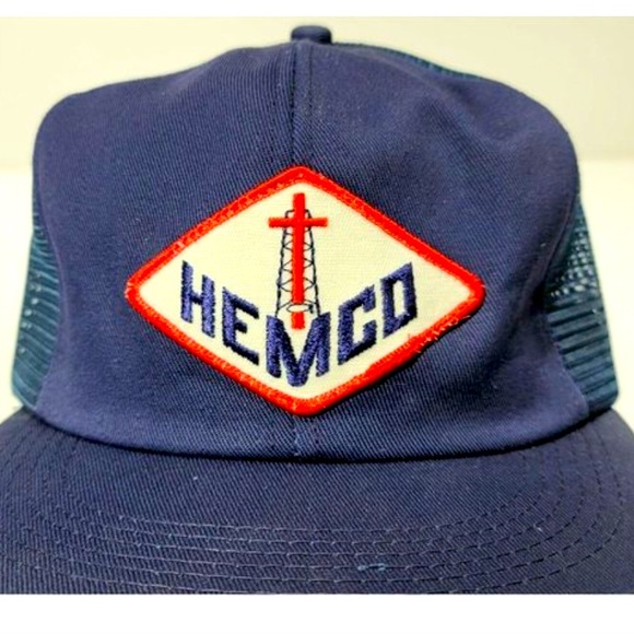 Vintage HEMCO Navy Blue Snapback Mesh Logo Patch Hat Cap Oilfield Engines - Picture 2 of 5